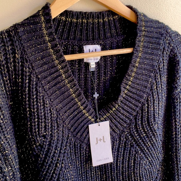 NWT black gold metallic shimmer JOHN + JENN designer knit sweater XS S - Picture 2 of 12